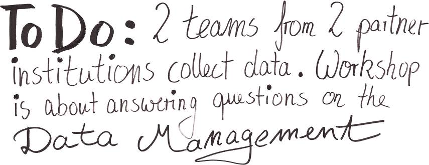 To do: 2 teams from 2 partner institutions collect data. Workshop is about answering questions on the Data Management.